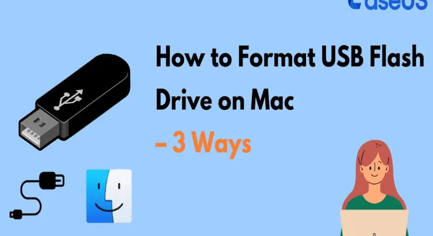 Jak sformatować pendrive na macOS? Grafika przedstawia pendrive, kabel USB, ikonę Findera i kobietę przy laptopie.