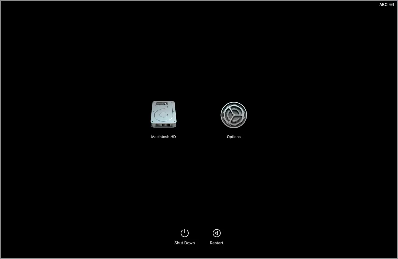Ekran startowy MacBooka z ikonami Macintosh HD, Opcje, Zamknij i Uruchom ponownie. System operacyjny czeka na wyb&oacute;r.
