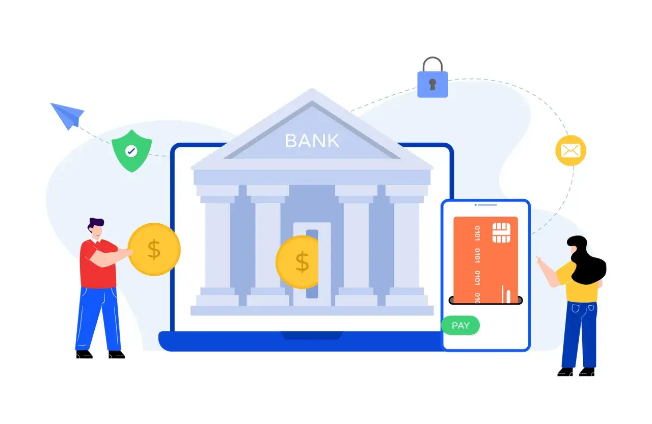 Ilustracja pokazuje ludzi dokonujących płatności online, symbolizując bezpieczeństwo bankowości elektronicznej.