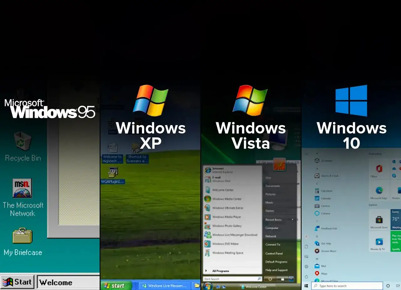 Ewolucja interfejs&oacute;w: Windows 95, XP, Vista i 10. Zobacz, co to jest Windows i jak się zmieniał.