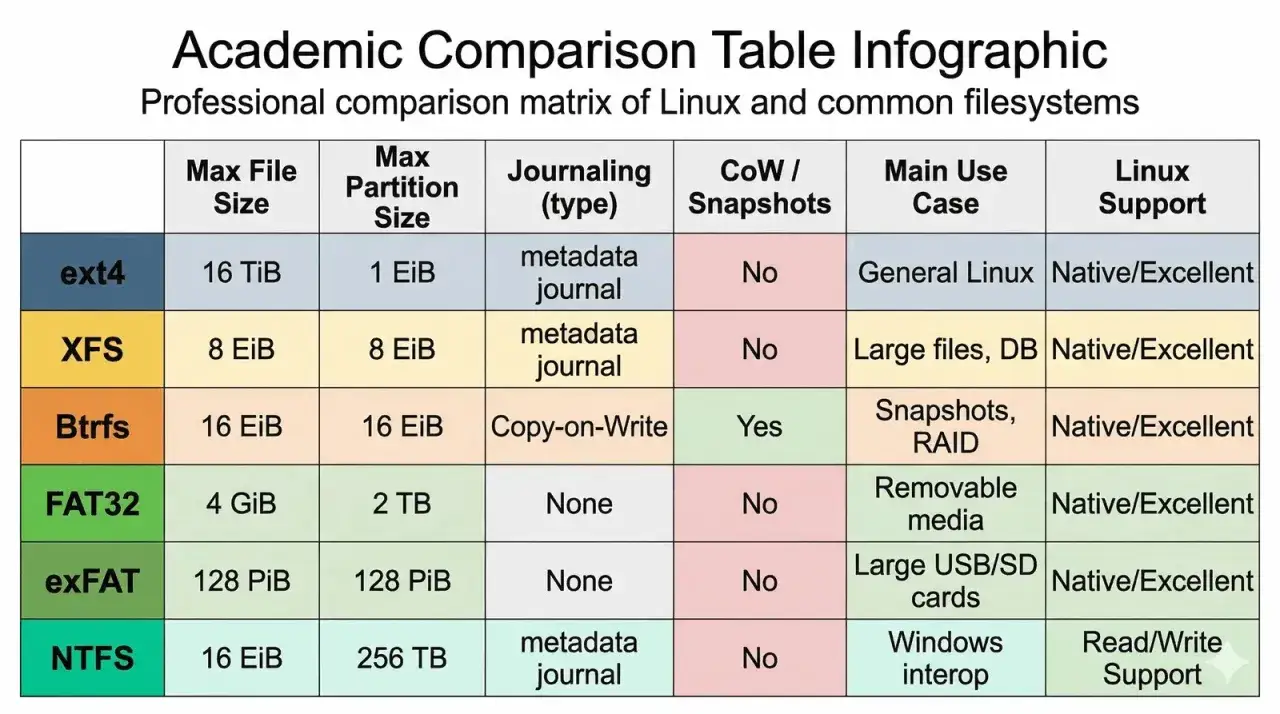 Por&oacute;wnanie system&oacute;w plik&oacute;w: exFAT dla kart SD, NTFS dla Windows. Tabela pokazuje rozmiary, journaling, wsparcie.