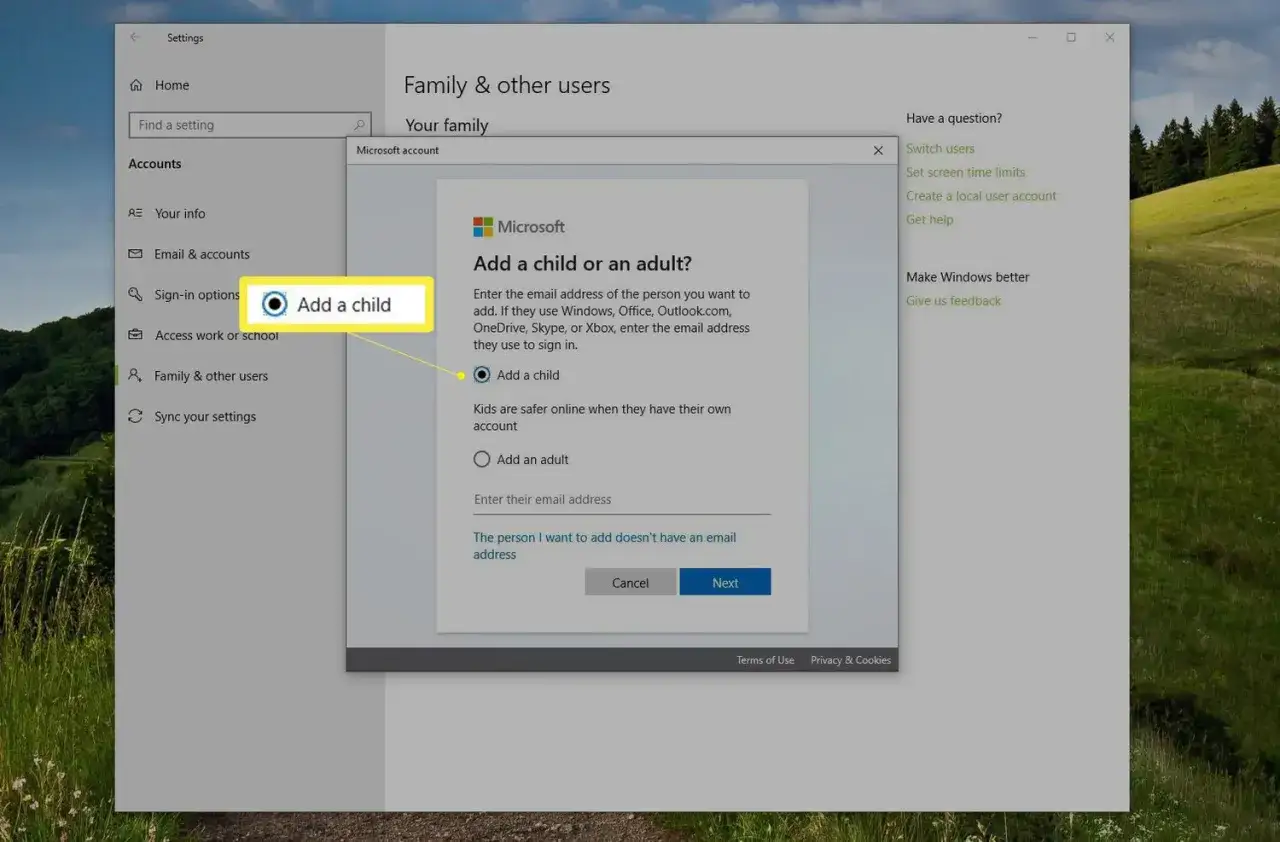 Ustawienia Windows: dodaj dziecko do konta, aby włączyć kontrolę rodzicielską. Wybierz opcję