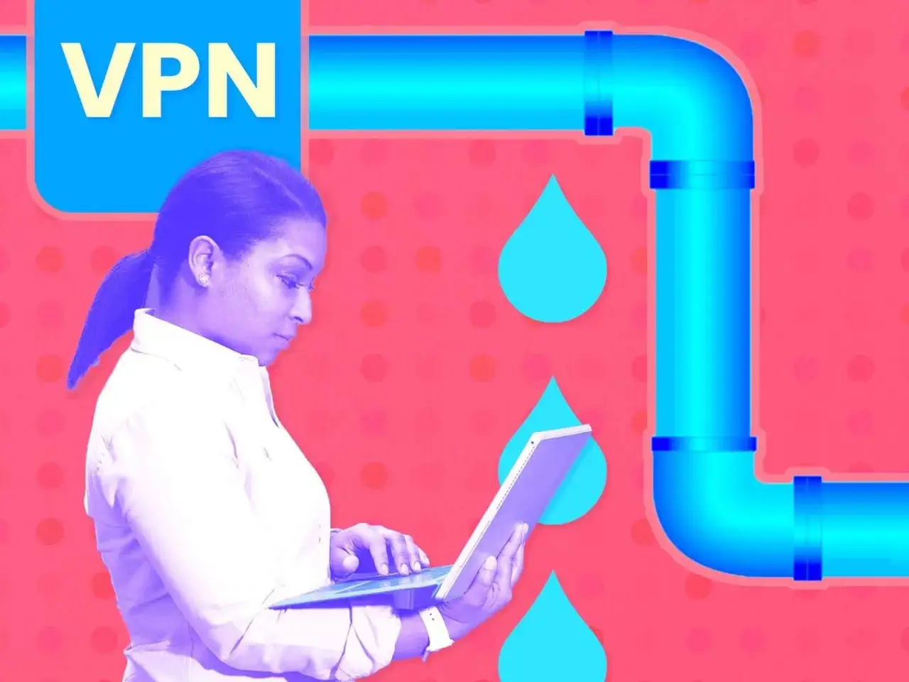 Kobieta z laptopem sprawdza, jak sprawdzić czy VPN działa, obok niebieskich rur i kropel.