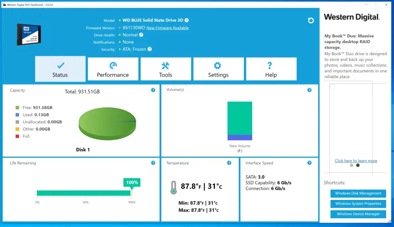 Program do dysków SSD WD pokazuje stan dysku, jego pojemność 931.51GB, temperaturę 31°C i żywotność 100%.
