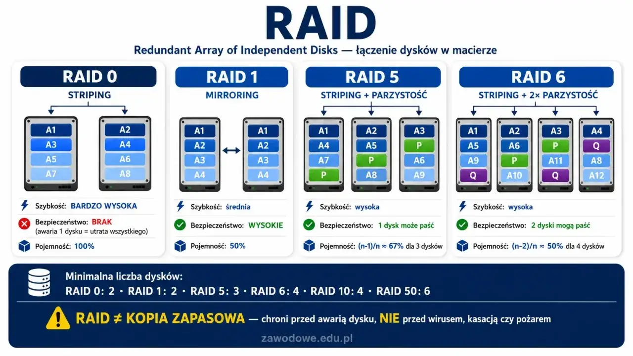 Porównanie konfiguracji ssd raid: RAID 0 (striping), RAID 1 (mirroring), RAID 5 (striping+parzystość) i RAID 6 (striping+2x parzystość) pod kątem szybkości, bezpieczeństwa i pojemności.