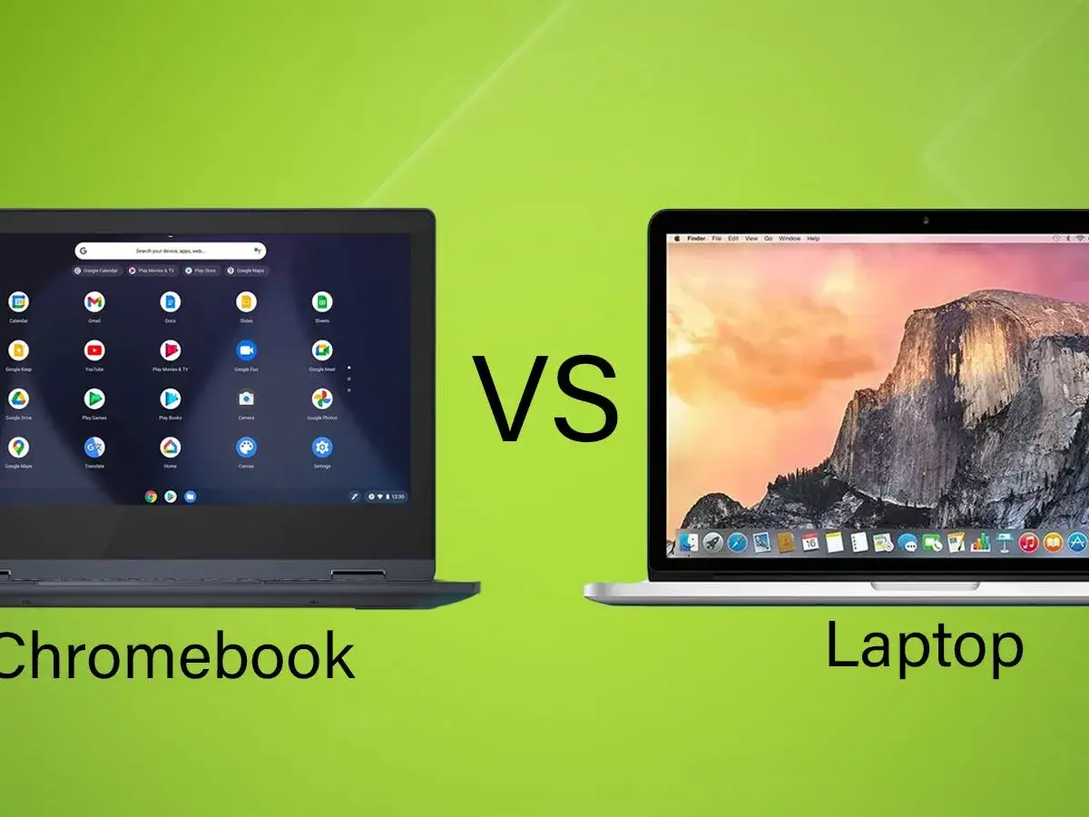Por&oacute;wnanie: czym się r&oacute;żni Chromebook od laptopa? Widok ekran&oacute;w obu urządzeń, jeden z ikonami Google, drugi z systemem macOS.