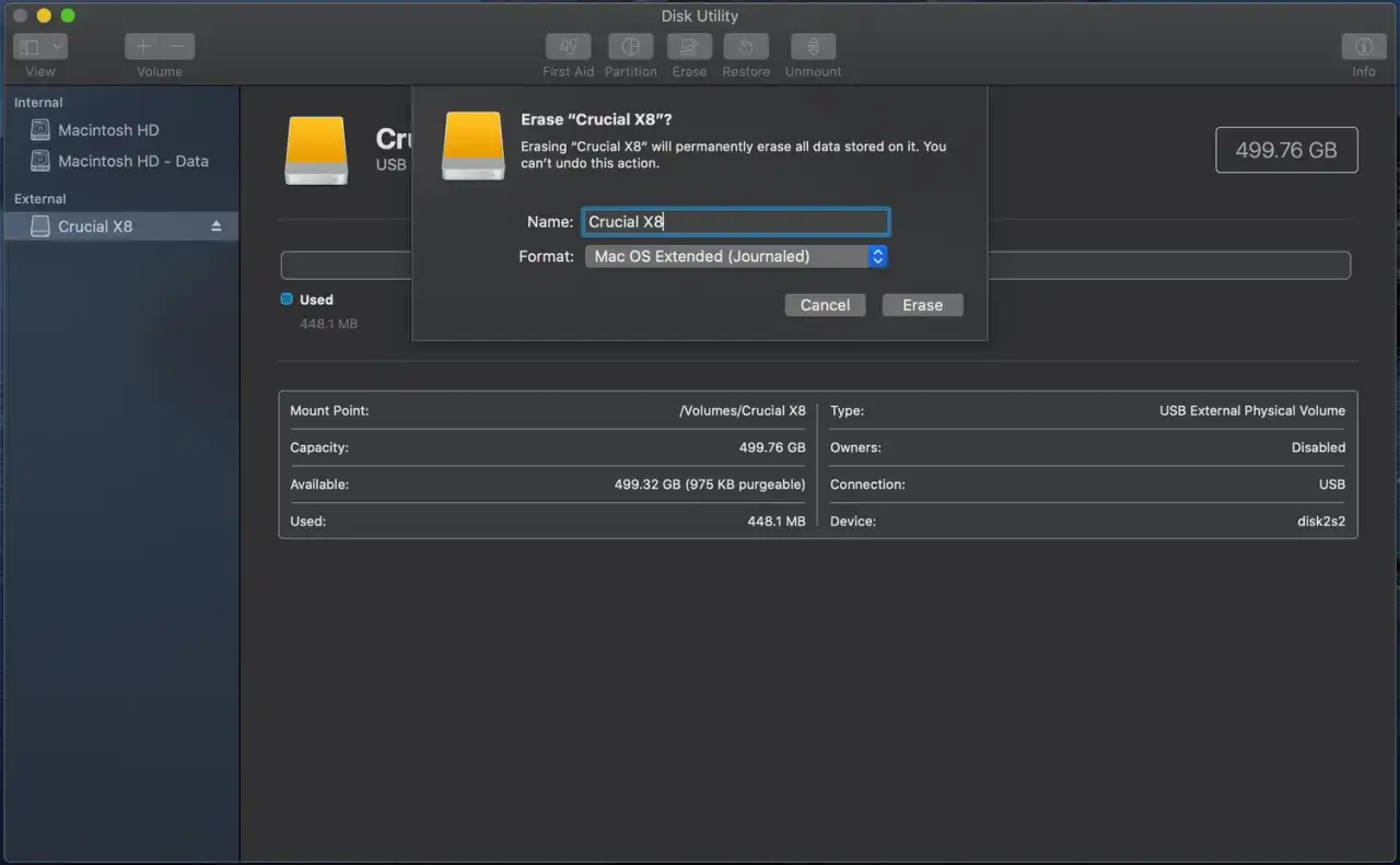 Formatowanie pendrive'a Crucial X8 w macOS. W oknie Narzędzia dyskowego wybierasz format