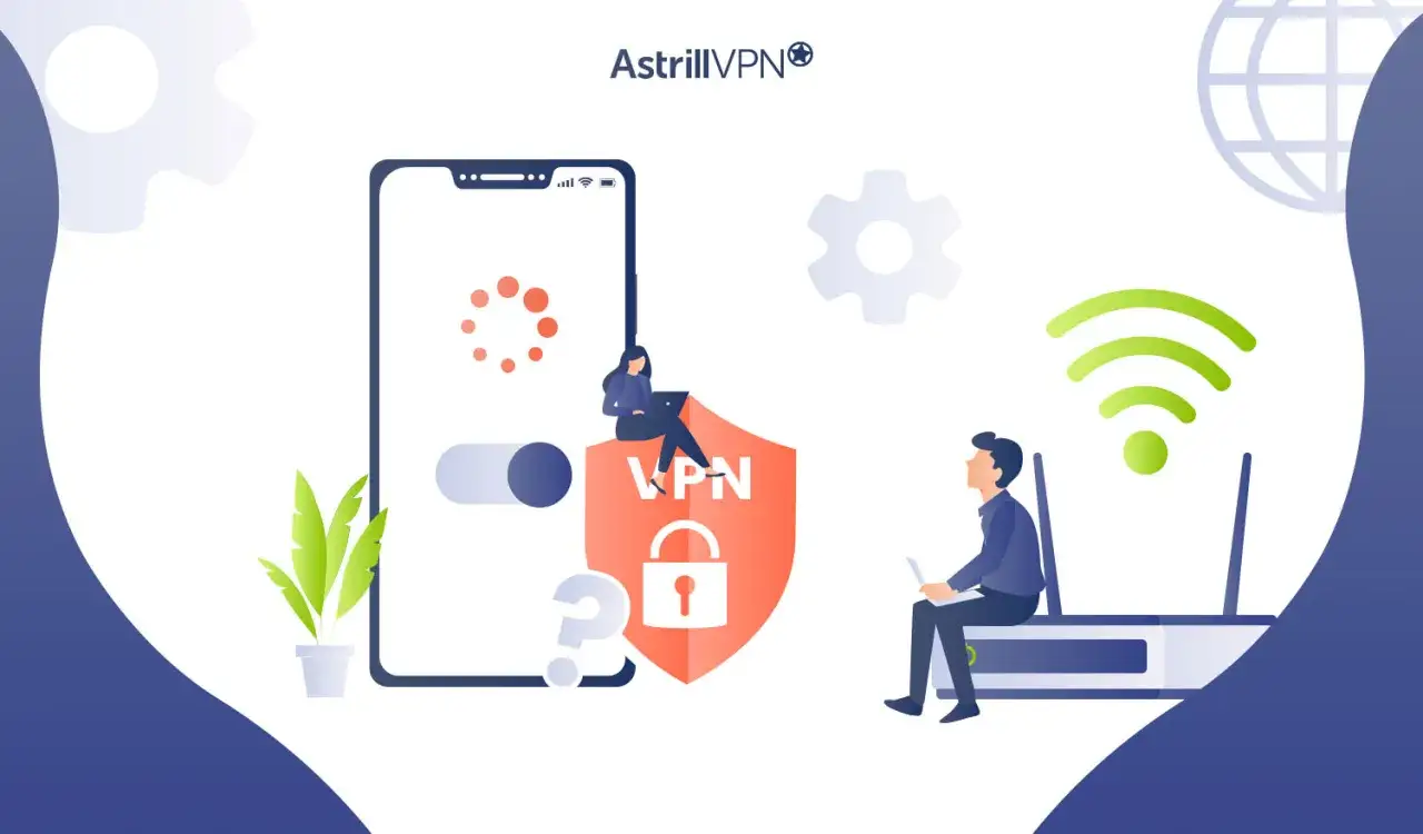 Ilustracja pokazuje, co daje VPN: bezpieczeństwo online, prywatność i dostęp do treści. Ludzie korzystają z laptopów i telefonów, symbolizując ochronę danych.