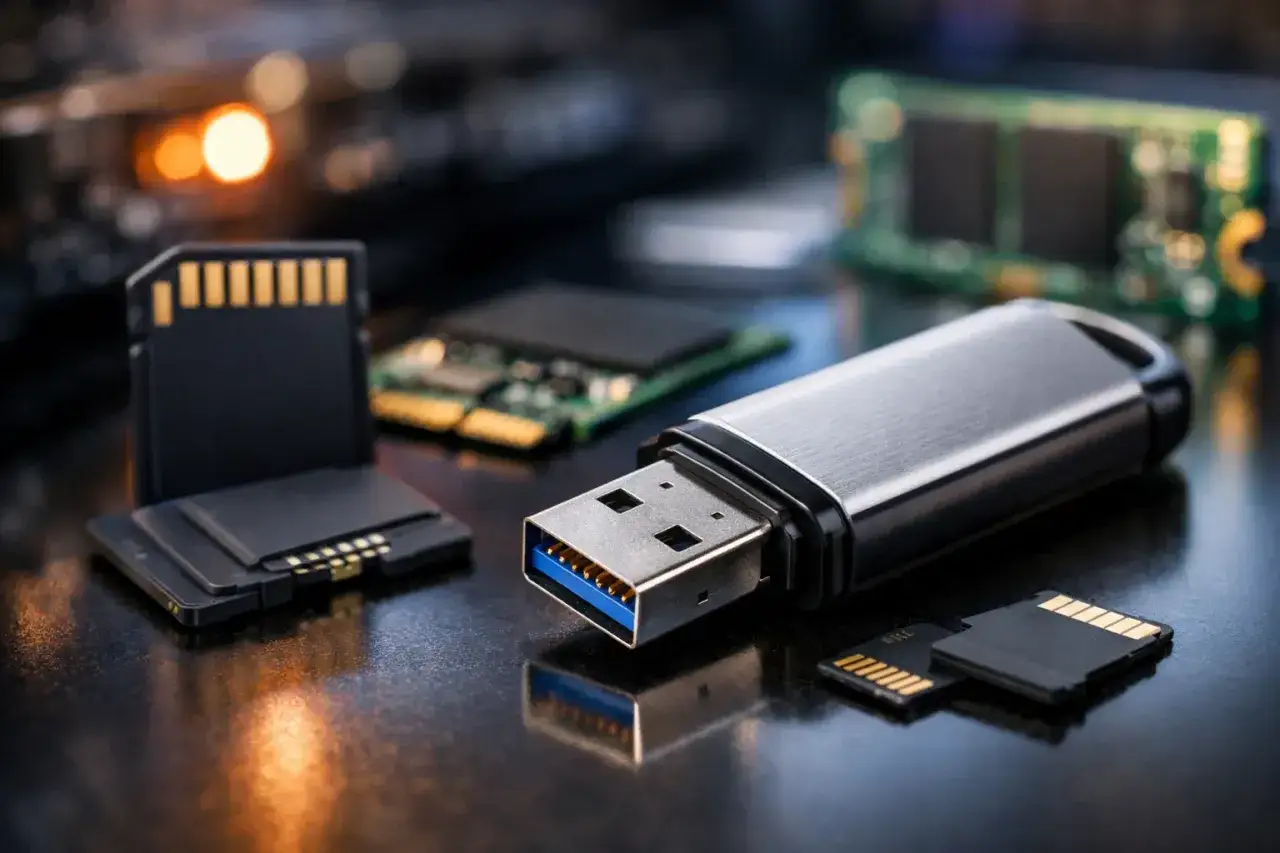 Metalowy pendrive obok kart pamięci i modułów RAM. To przenośne nośniki danych, które pozwalają przechowywać i przenosić pliki.