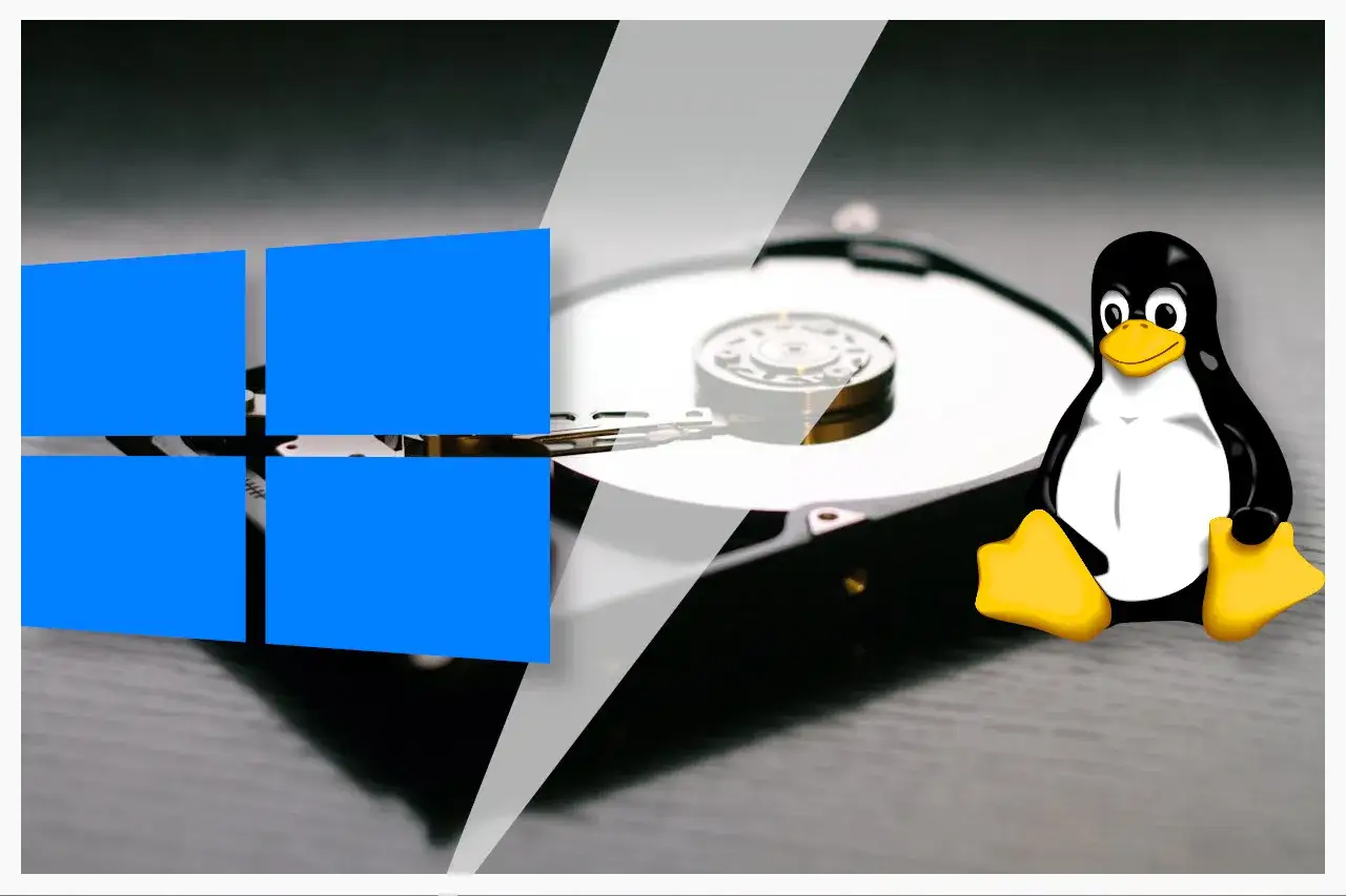 Dwa systemy na jednym komputerze: logo Windows i maskotka Linuxa obok dysku twardego.