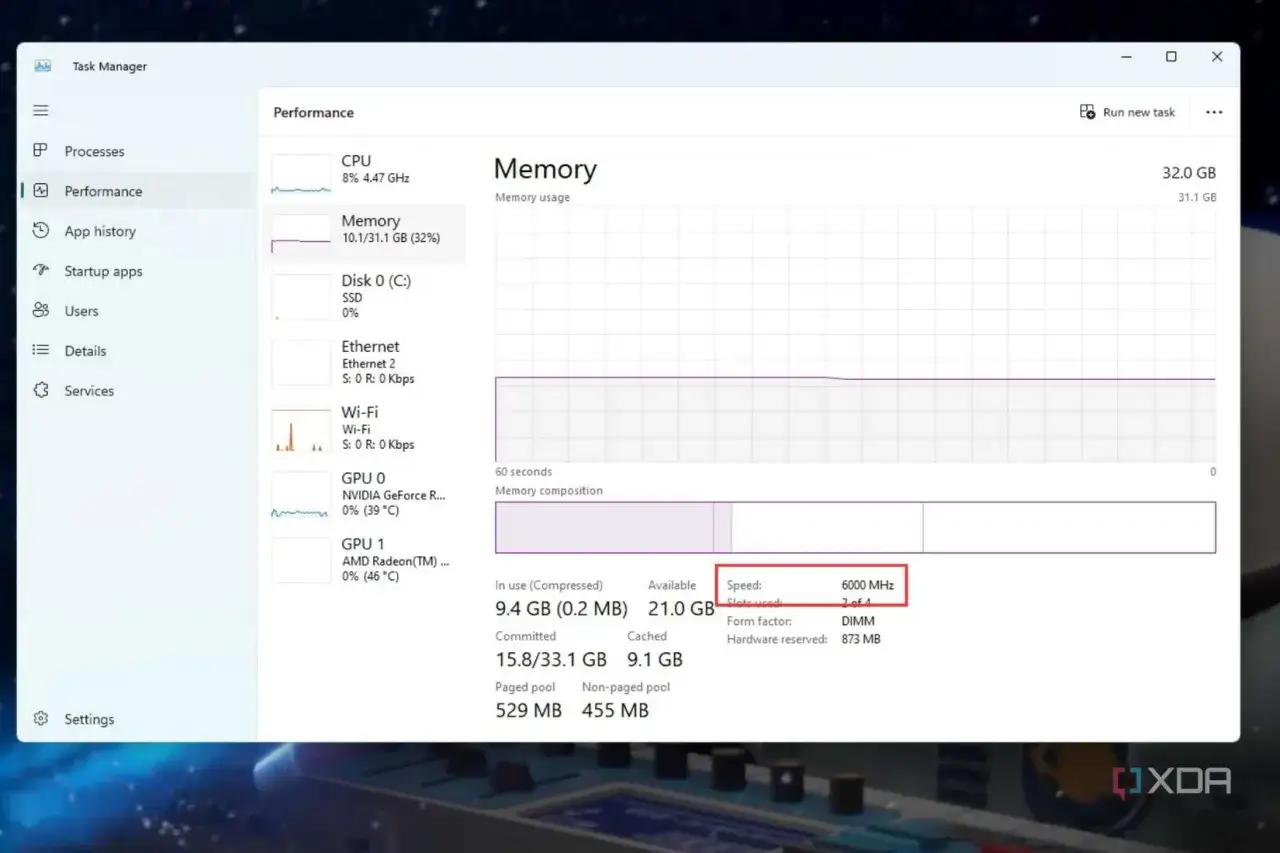 Menedżer zadań pokazuje użycie pamięci RAM 10.1/31.1 GB (32%) i prędkość 6000 MHz. Dowiedz się, jak wyczyścić pamięć RAM.
