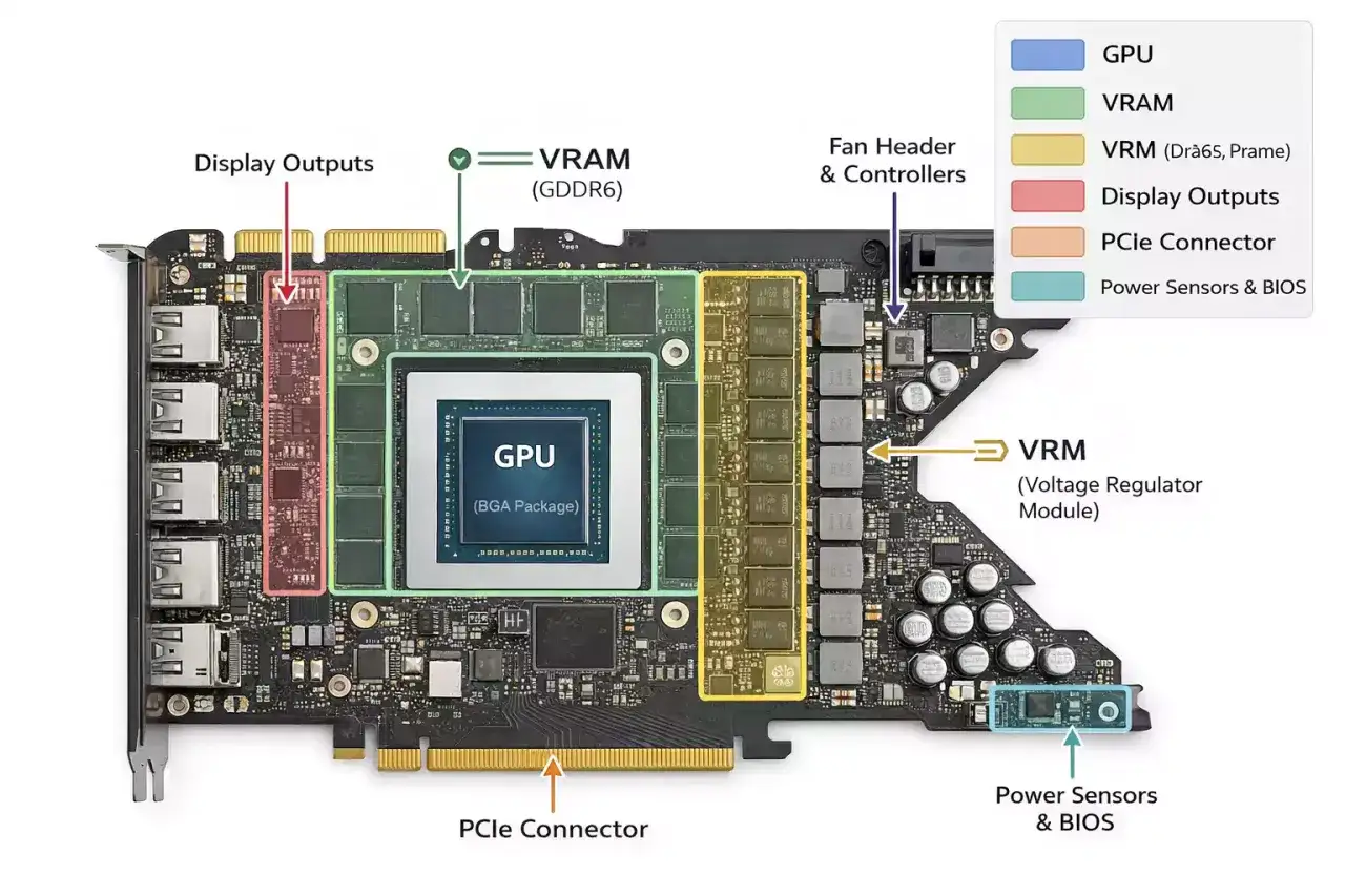 Karta graficzna z widocznym GPU, VRAM, VRM, złączem PCIe i wyjściami Display Outputs.