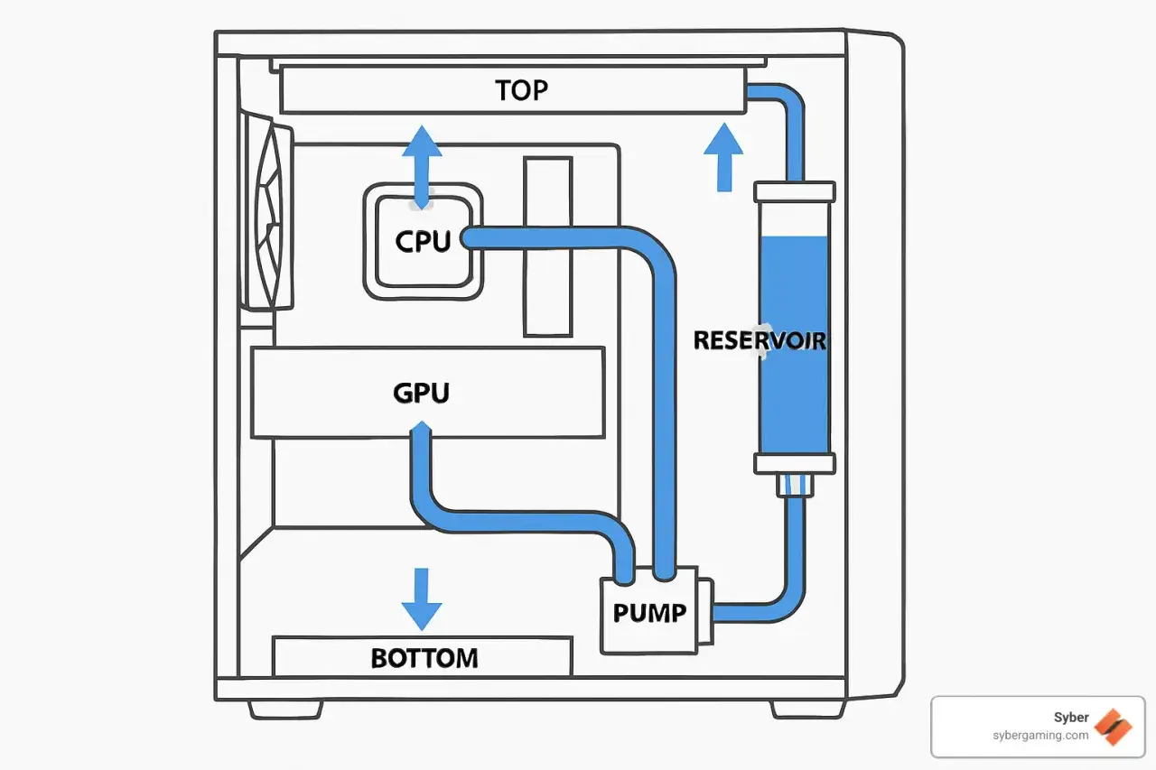 Schemat pokazuje, jak działa chłodzenie wodne: pompa tłoczy płyn przez CPU i GPU, a następnie do rezerwuaru i chłodnicy na górze obudowy.