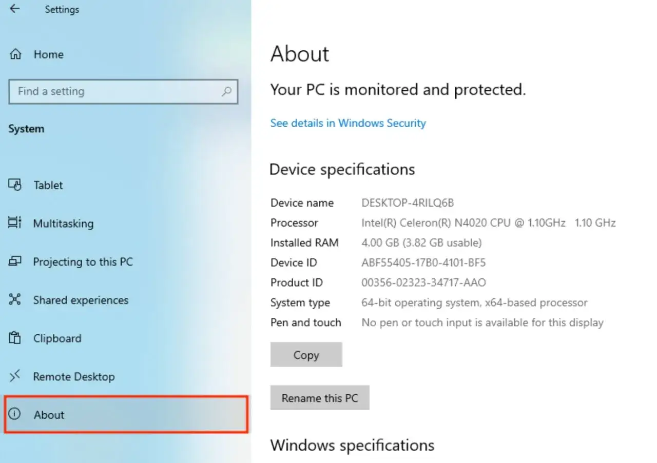 Szczegółowe właściwości komputera: nazwa DESKTOP-4RILQ6B, procesor Intel Celeron N4020, 4 GB RAM.