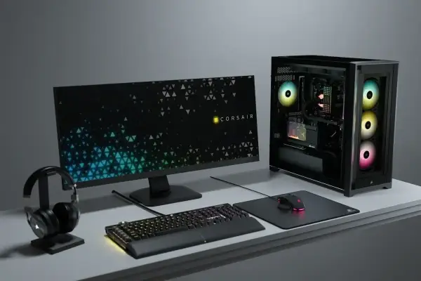 Komputer z podświetleniem ARGB vs RGB. Zestaw Corsair: obudowa, monitor, klawiatura, mysz i słuchawki.