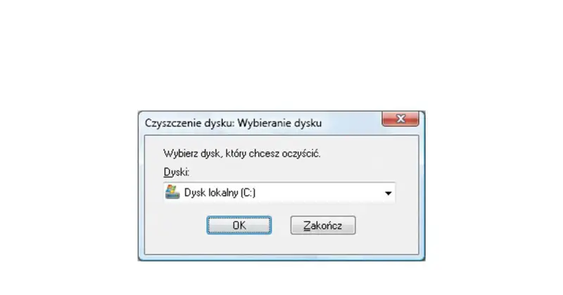 Okno "Czyszczenie dysku" pozwala wybrać dysk, by sprawdzić co zajmuje dysk. Dostępny jest Dysk lokalny (C:).
