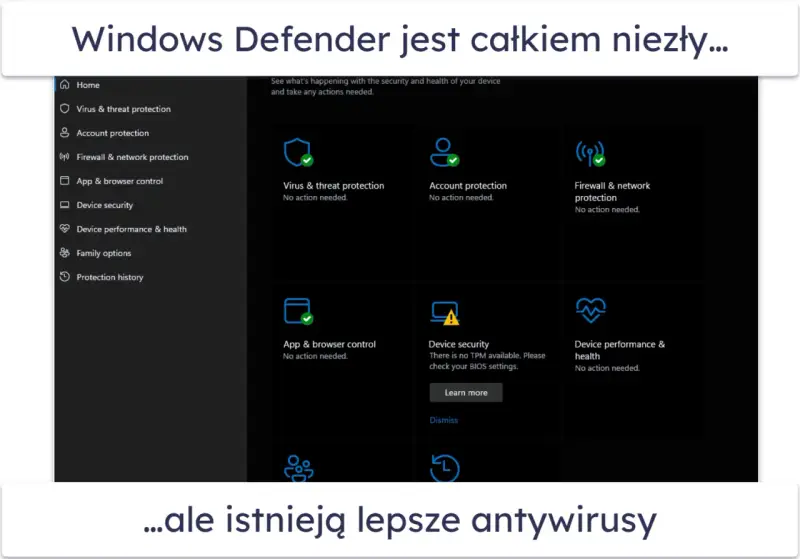 Ekran Windows Defender pokazuje ochronę antywirusową i inne zabezpieczenia. Choć jest dobry, istnieją lepsze antywirusy.