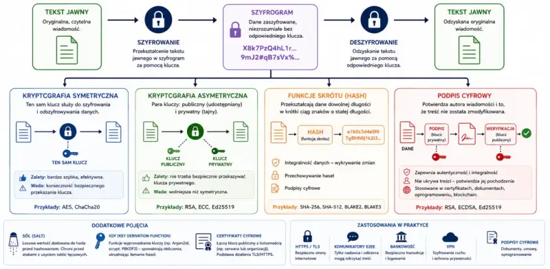 Kryptografia klucza publicznego: asymetryczna z kluczem publicznym i prywatnym, używana w podpisach cyfrowych i certyfikatach.